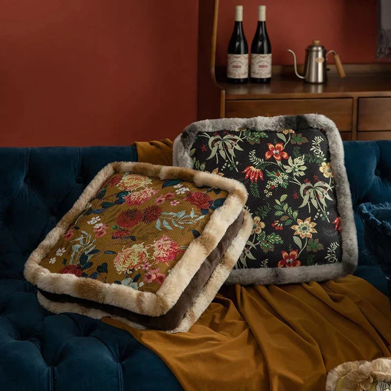 DecorBites™ Boho Floral Square Chair Cushions with Faux Fur Trim - Soft & Thick Seat Pad