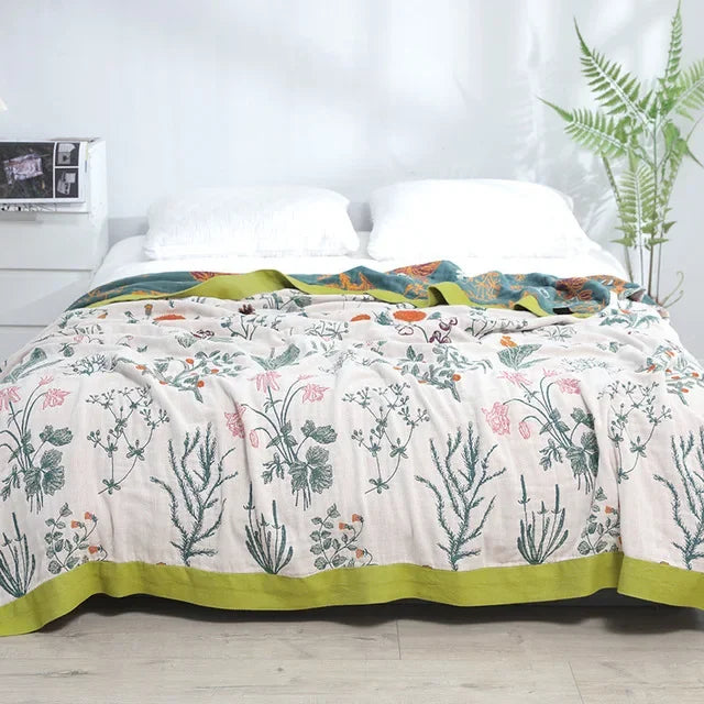 DecorBites™ 100% Cotton Gauze Summer Blanket - Soft Floral Throws for Sofa and Bed