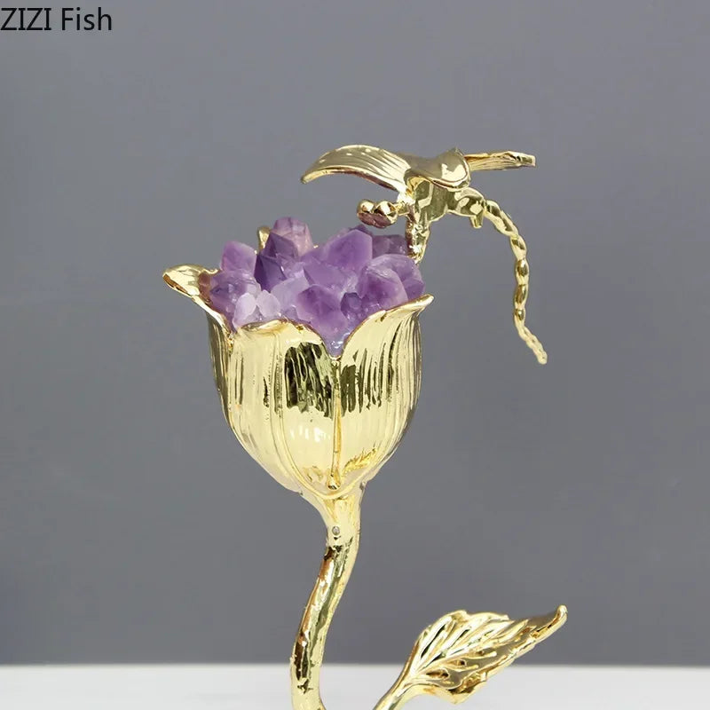 DecorBites™ Amethyst Flower Ornaments Gold-plated Dragonfly Decor Sculpture Room Decor