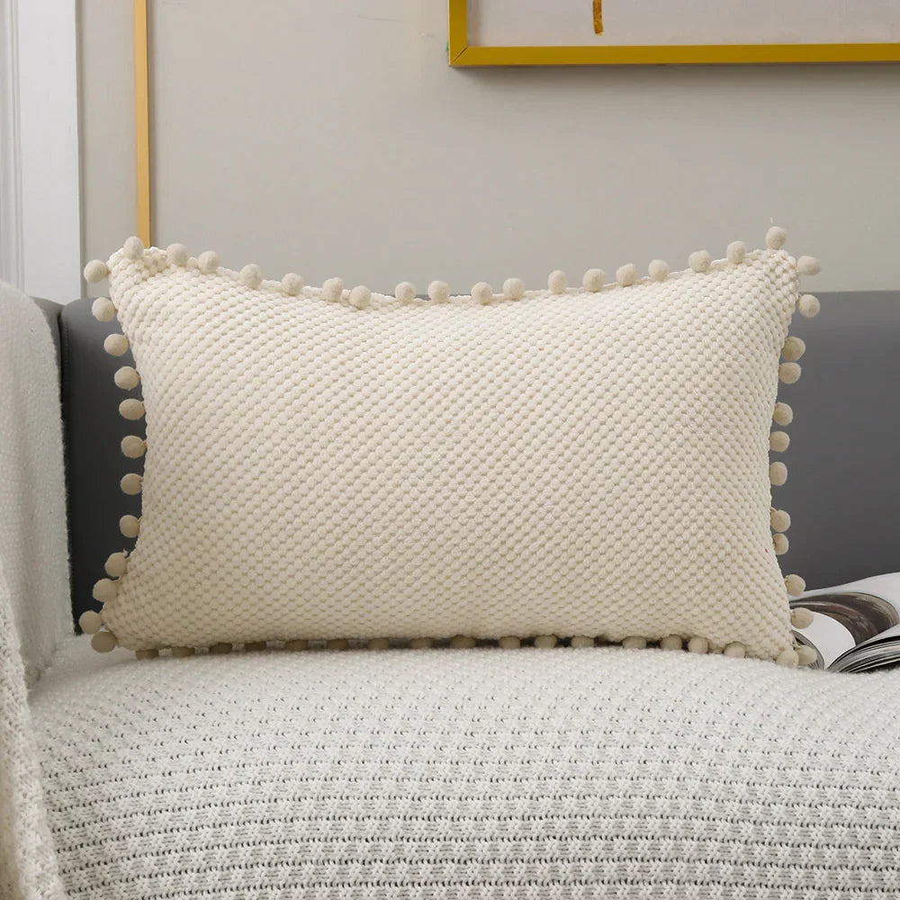 DecorBites™ Beige Pompom Decorative Pillow Cover Set - Premium Quality Home Sofa Decor