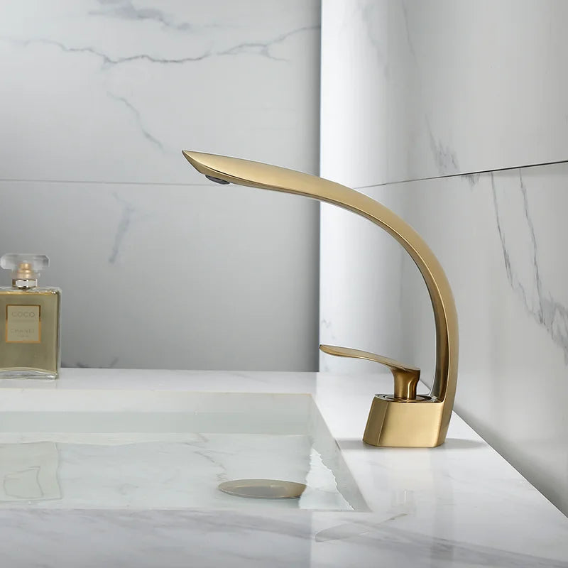 DecorBites™ Brushed Gold Basin Mixer Tap Single Handle Hot Cold Waterfall Faucet