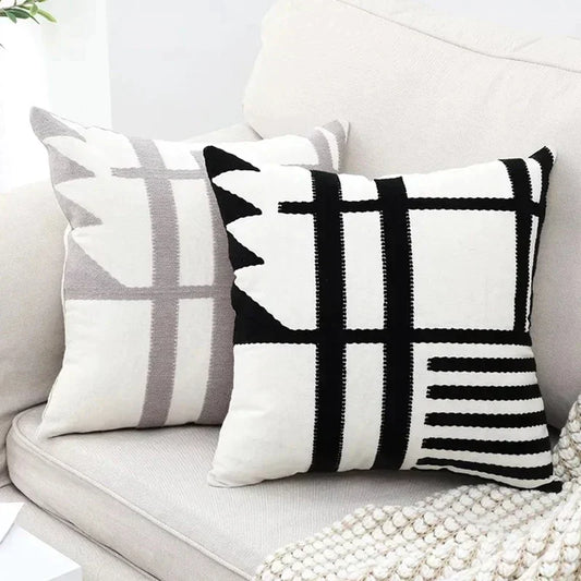 DecorBites™ Embroidered Burlap Cushion Cover | Black White Gray Pillow Cover 45x45cm