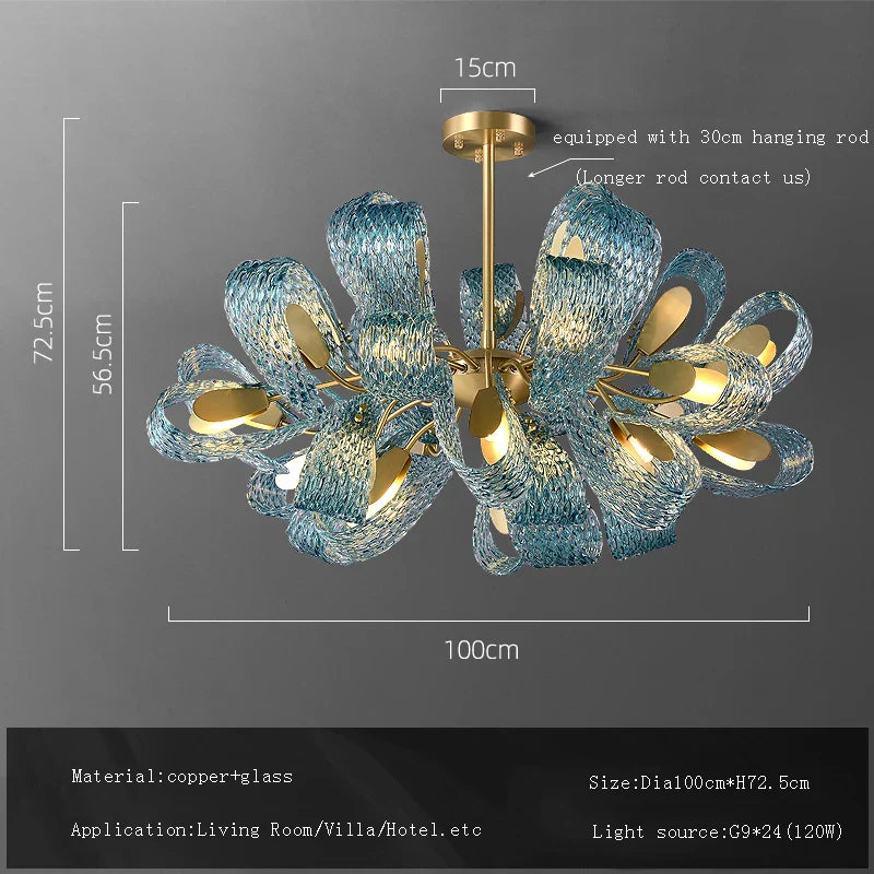 DecorBites™ Blue Glass Flower Ceiling Chandelier Copper Hanging Lamps