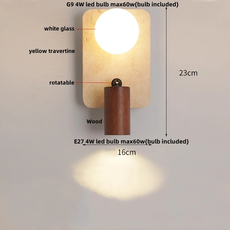 DecorBites™ LED Wall Lamp 2 Glass Ball White, Yellow Travertine Stone Indoor Light