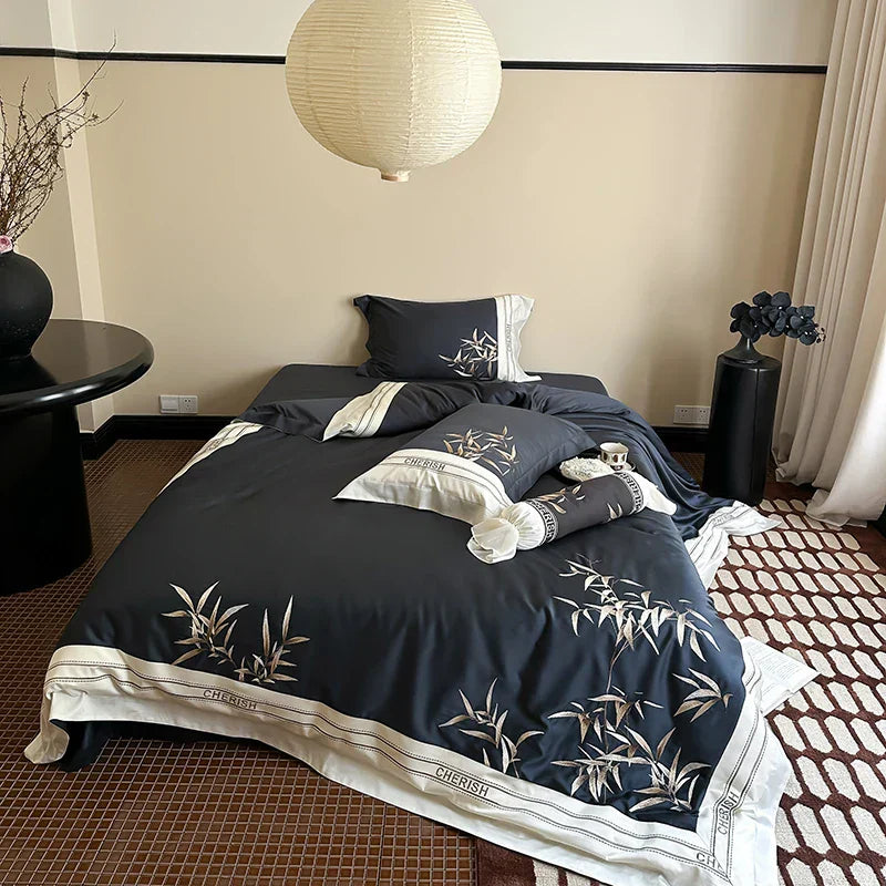 DecorBites™ Bamboo Embroidery 1000TC Egyptian Cotton Bedding Set in Luxury Dark Blue