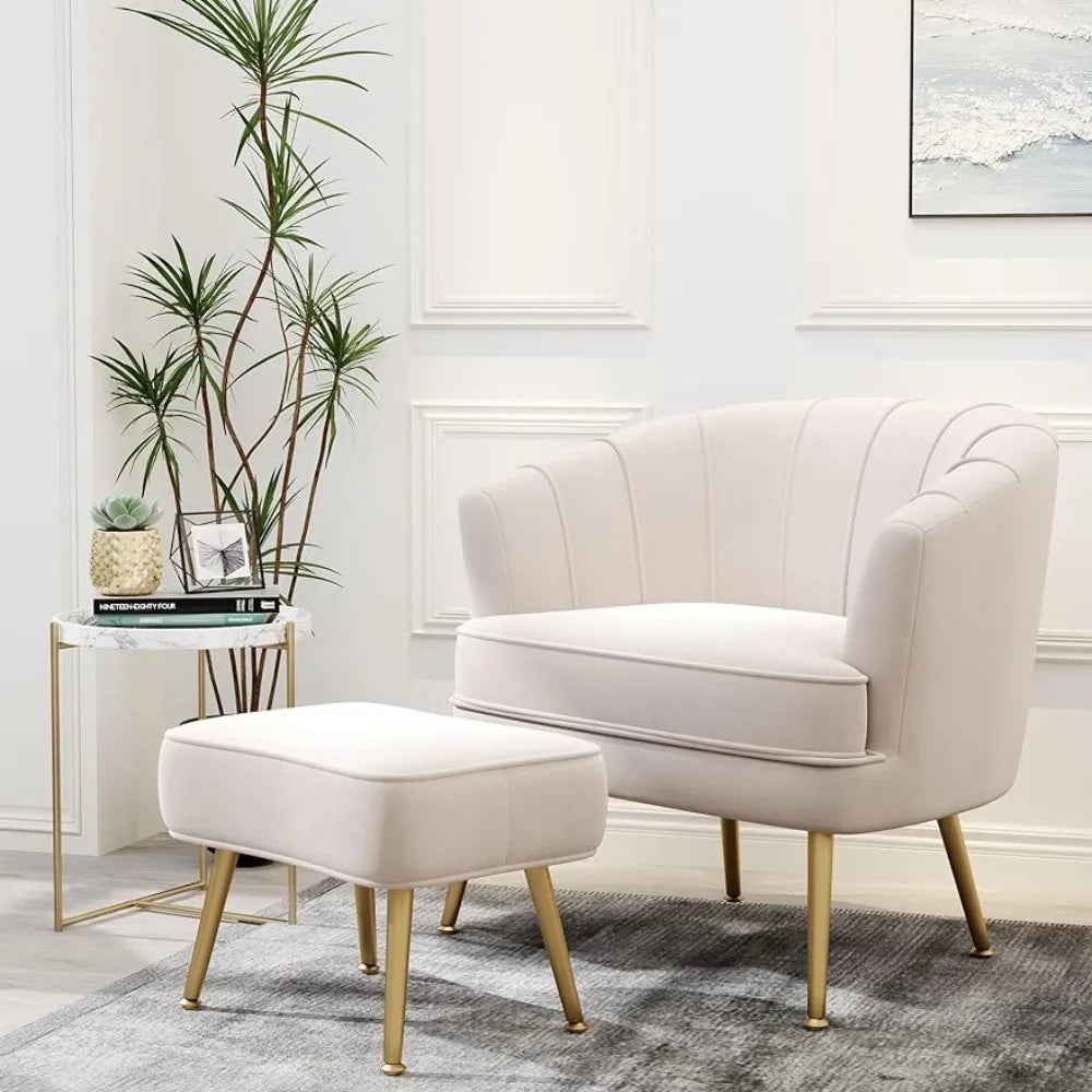 DecorBites™ Comfortable Beige Bucket Shaped Club Living Room Armchair with Golden Metal Legs