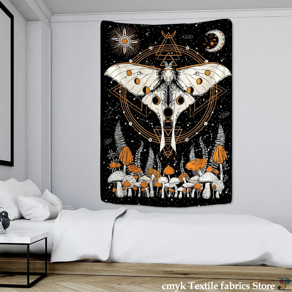 DecorBites™ Celestial Moth Tapestry: Moon Phase Flower Mandala Wall Decor