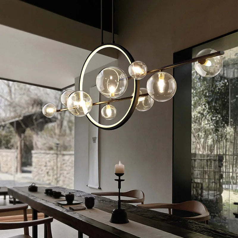 DecorBites™ Black Ring LED Pendant Light with Glass Lampshade for Dining Room and Kitchen