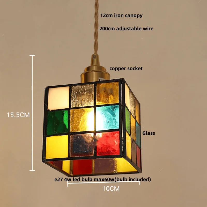 DecorBites™ Colorful Glass Magic Cube LED Pendant Lights Tiffany Style Wood Hang Lamp