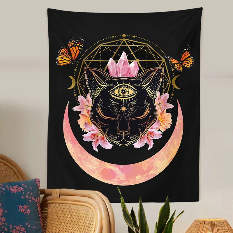 DecorBites™ Cat Witch Moon Star Tapestry Wall Hanging - Trippy Psychedelic Wall Decor