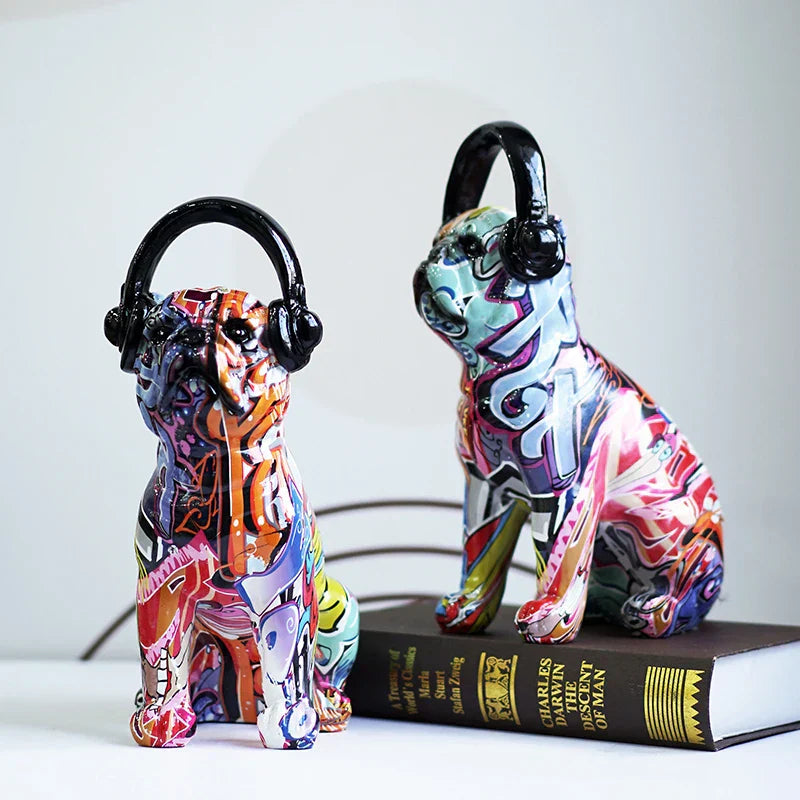 DecorBites™ Bulldog Headphone Figurines: Resin Graffiti Art Dog Statue Desktop Decor