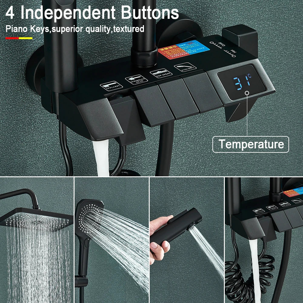 DecorBites™ Black Piano Digital Shower System with Intelligent Brass Faucets and White Rainfall Shower