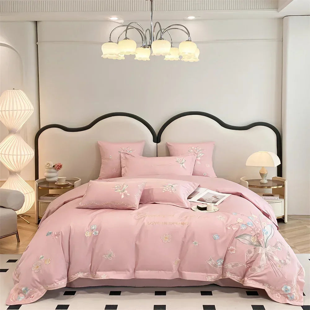 DecorBites™ Butterfly Flowers Embroidery Cotton Bedding Set, 4pcs King Queen Size.