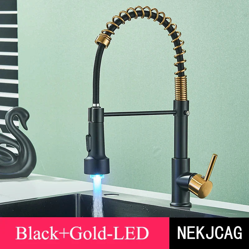 DecorBites™ Brushed Gold LED Kitchen Faucet: Single Handle Pull-down Spring Sink Tap