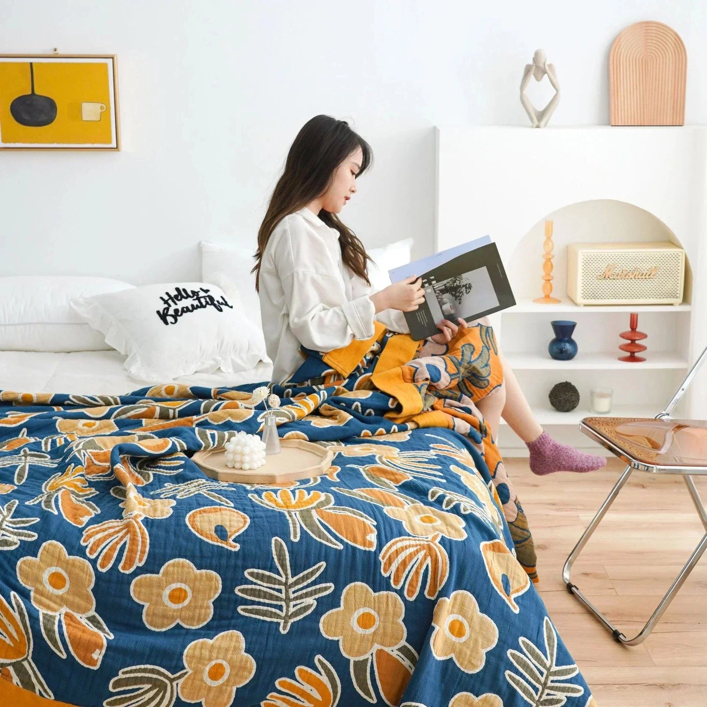 DecorBites™ 100% Cotton Nordic Throw Blanket - Soft Gauze Bedspread for Bedroom & Sofa