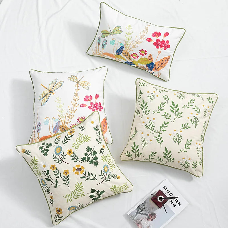 DecorBites™ Botanical Floral Embroidered Cushion Cover - Country Style Decorative Pillowcase