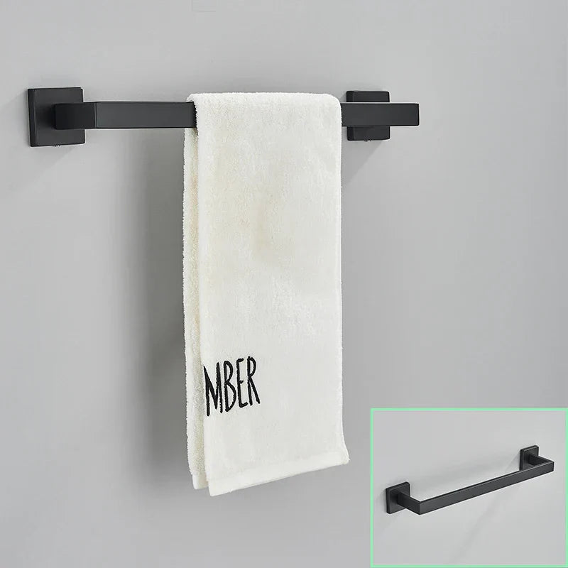 DecorBites™ Black Bathroom Hardware Set: Robe Hook, Towel Rail, Shelf, Tissue Holder