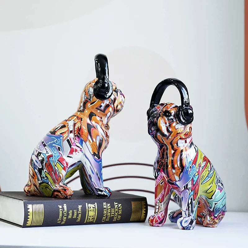 DecorBites™ Bulldog Headphone Figurines: Resin Graffiti Art Dog Statue Desktop Decor