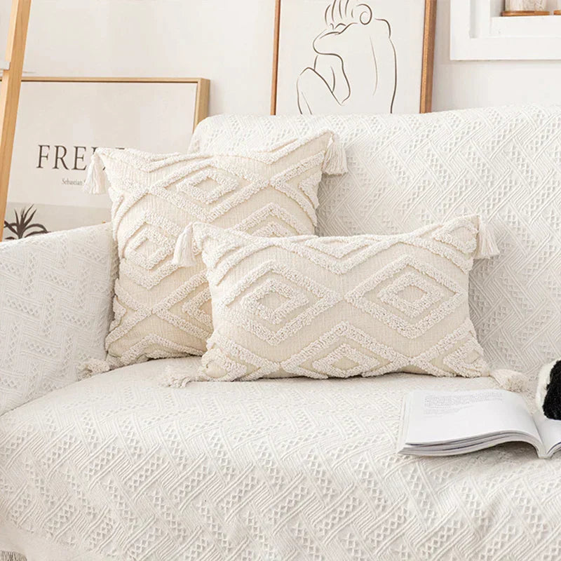 DecorBites™ Cotton Tassels White Cushion Covers 45x45/30x50cm - Square Geometry Pillowcase