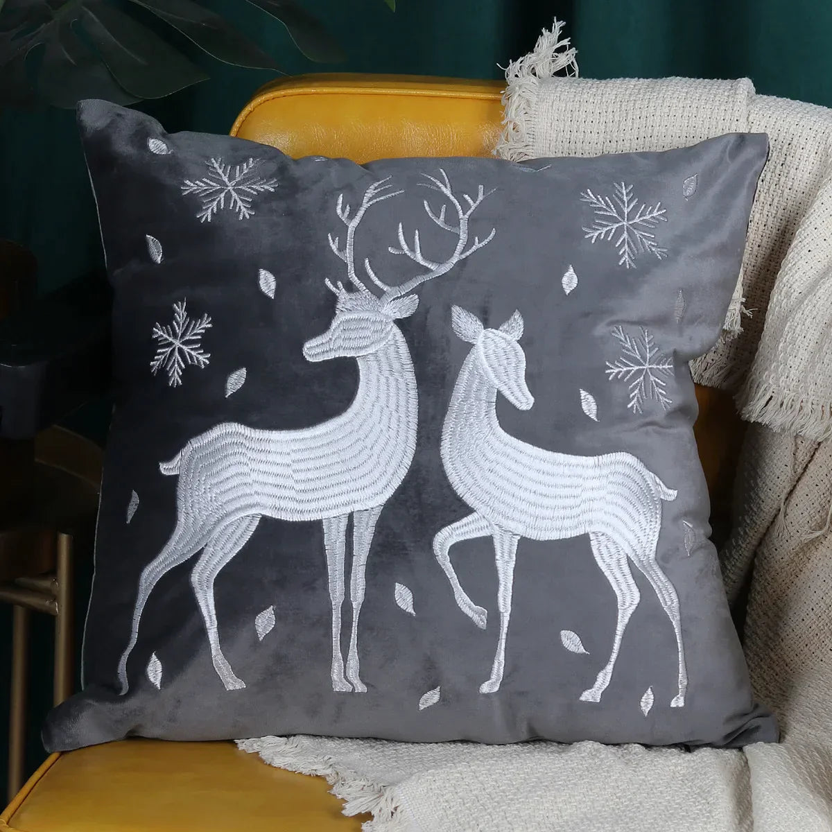 DecorBites™ Christmas Elk Embroidered Cushion Cover | Gold & Silver Stamped Holiday Decor