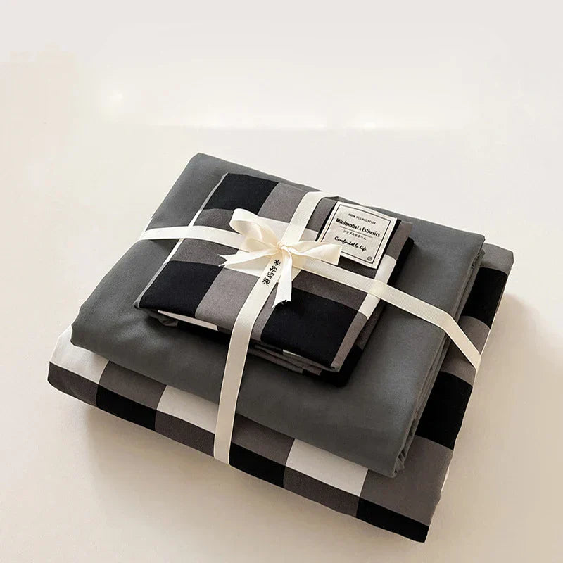 DecorBites™ Japanese Grid Printed Cotton Bedding Set in Queen/King for Cozy Sleep