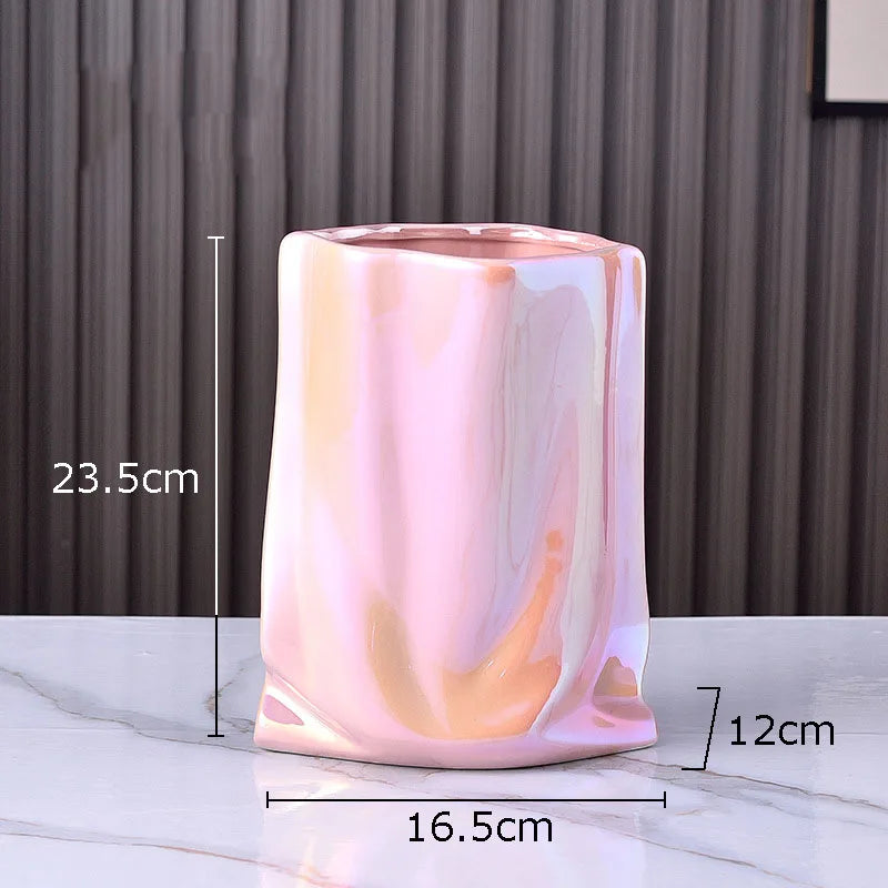 DecorBites™ Gold Plated Pleated Texture Ceramic Vase for Desk Decor and Flower Arrangements