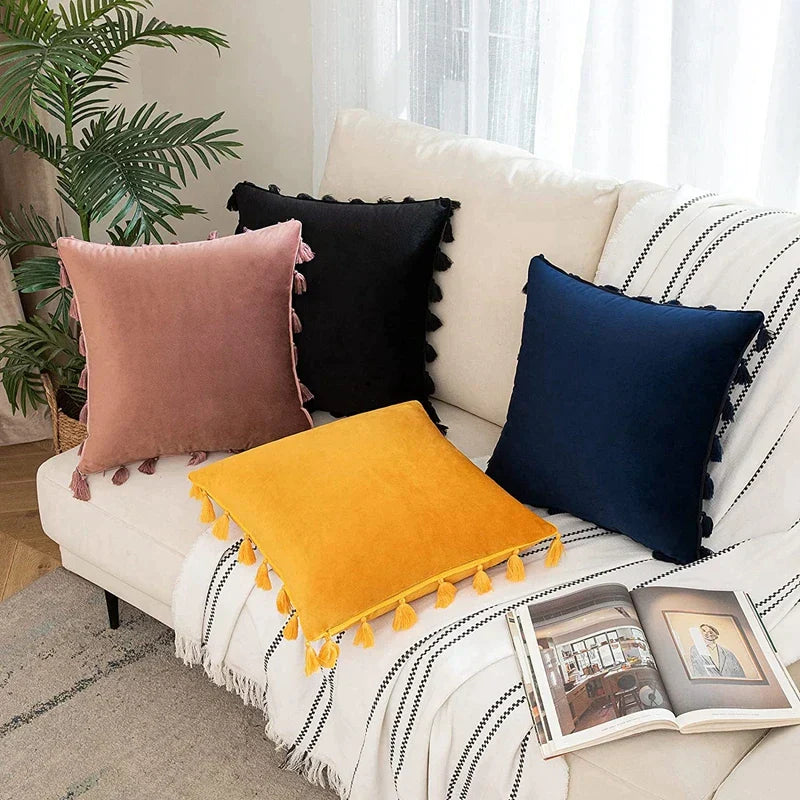 DecorBites™ Black Velvet Tassel Fringe Throw Pillow Cover for Bed Sofa Couch