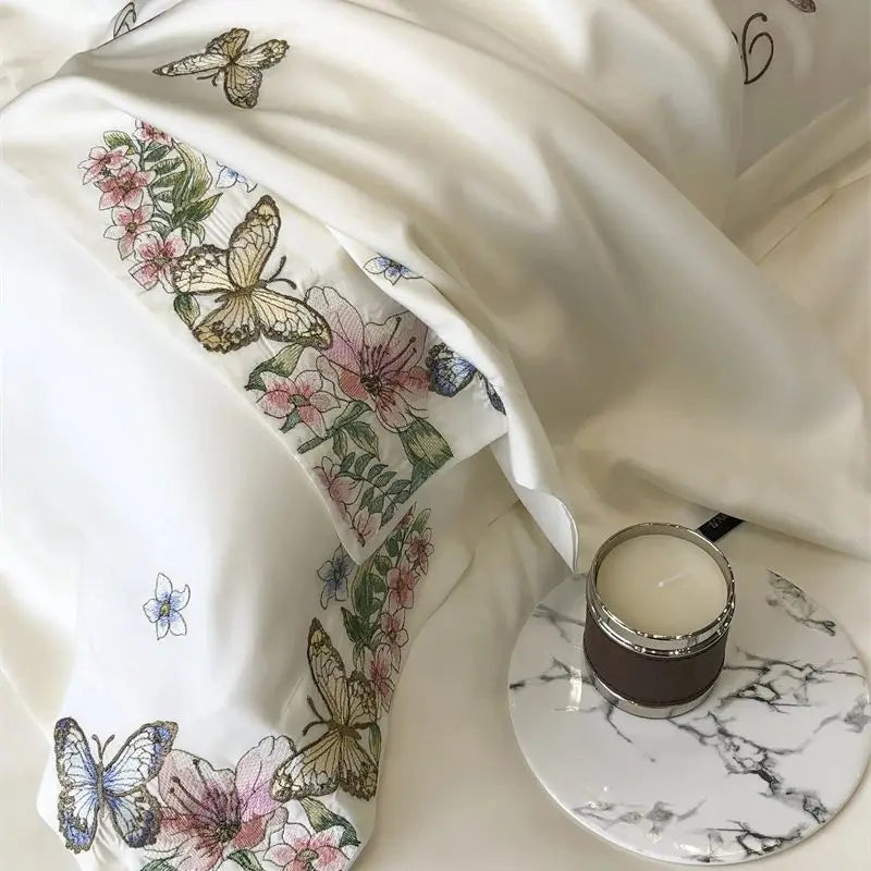 DecorBites™ Butterfly Flowers Embroidery Bedding Set: Silky Soft Eucalyptus Fiber Duvet Cover