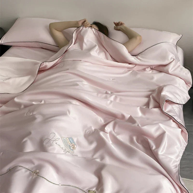 DecorBites™ Bear Floral Embroidery Summer Blanket Set with Cooling Feel
