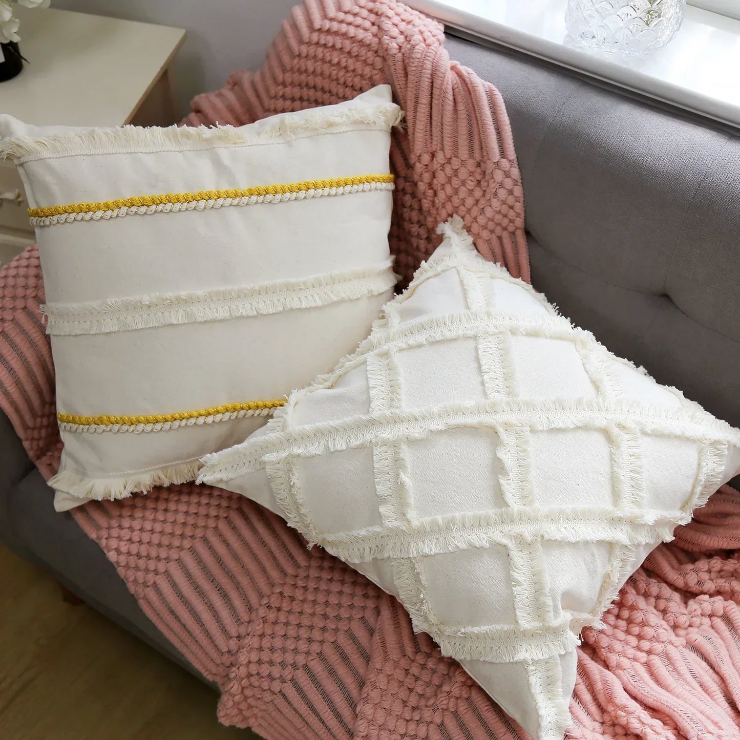 DecorBites™ Boho Linen Cotton Pillow Cover with Tassels - Beige Square/Rectangular 45x45cm/30x50cm