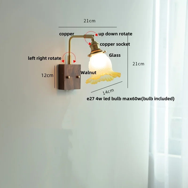 DecorBites™ Glass Pink LED Wall Sconce, Pull Chain Switch, Walnut Wood Bedside Lamp