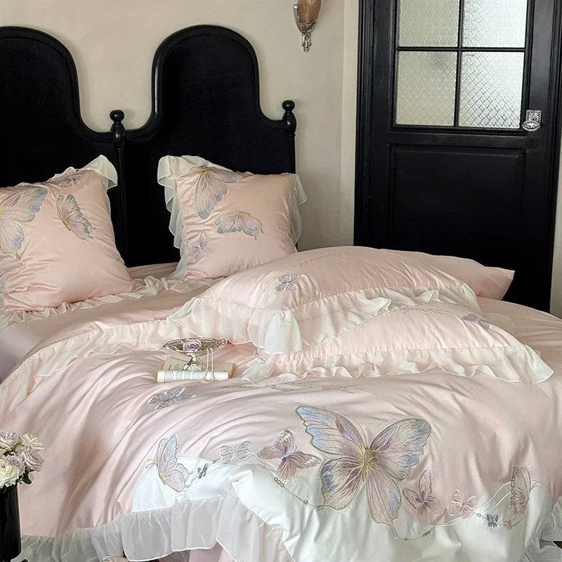 DecorBites™ Butterfly Embroidery Lace Ruffles Bedding Set 100S Egyptian Cotton Duvet Cover
