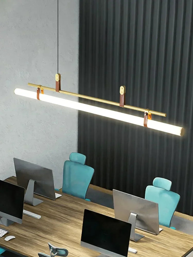 DecorBites™ Eden Modern Black Gold Leather Tube LED Pendant Chandelier