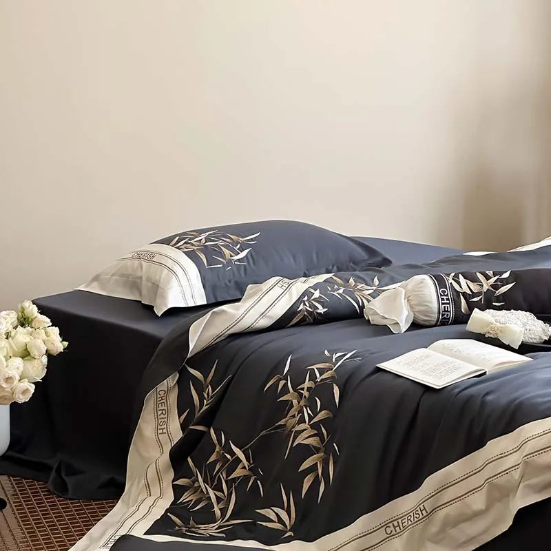 DecorBites™ Bamboo Embroidery 1000TC Egyptian Cotton Bedding Set in Luxury Dark Blue