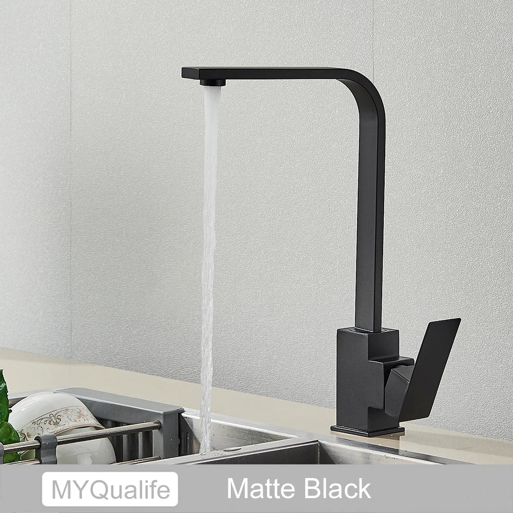 DecorBites™ Black Square Kitchen Faucet: Chorme/Gold Hot Cold Mixer Tap 360° Rotation