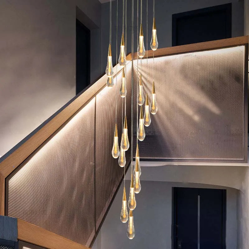 DecorBites™ Crystal Teardrop Chandelier Staircase LED Pendant Light, Gold Living Room Decor