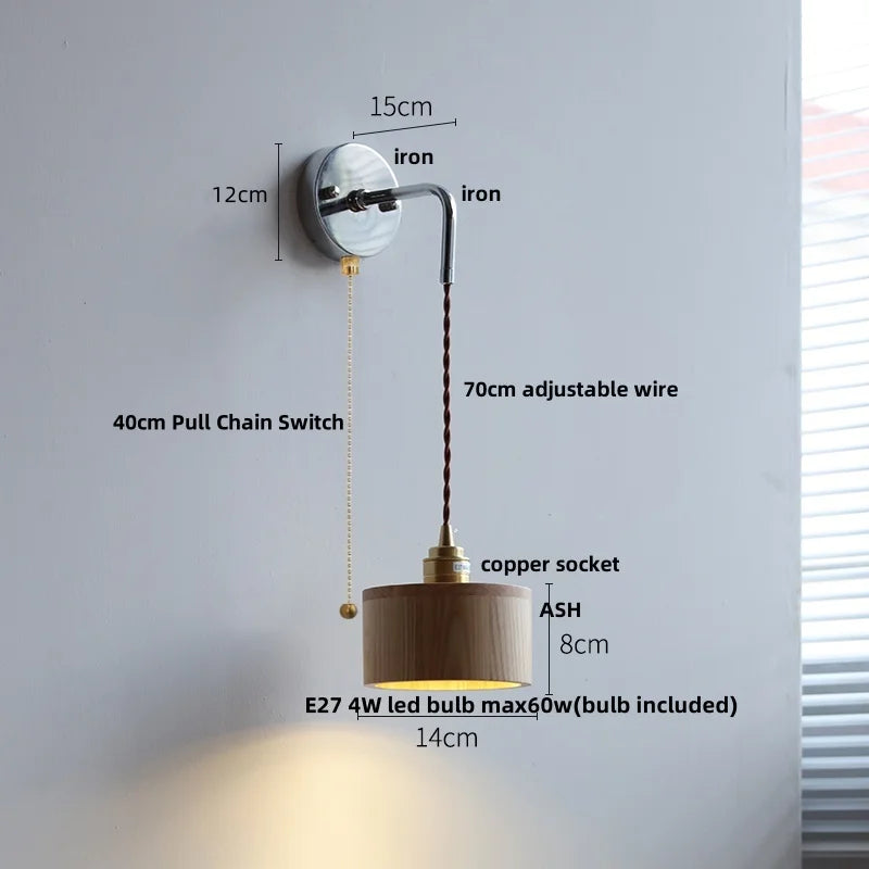DecorBites™ Ash Wood LED Wall Light with Pull Chain Switch – Japanese Style Bedside Lamp