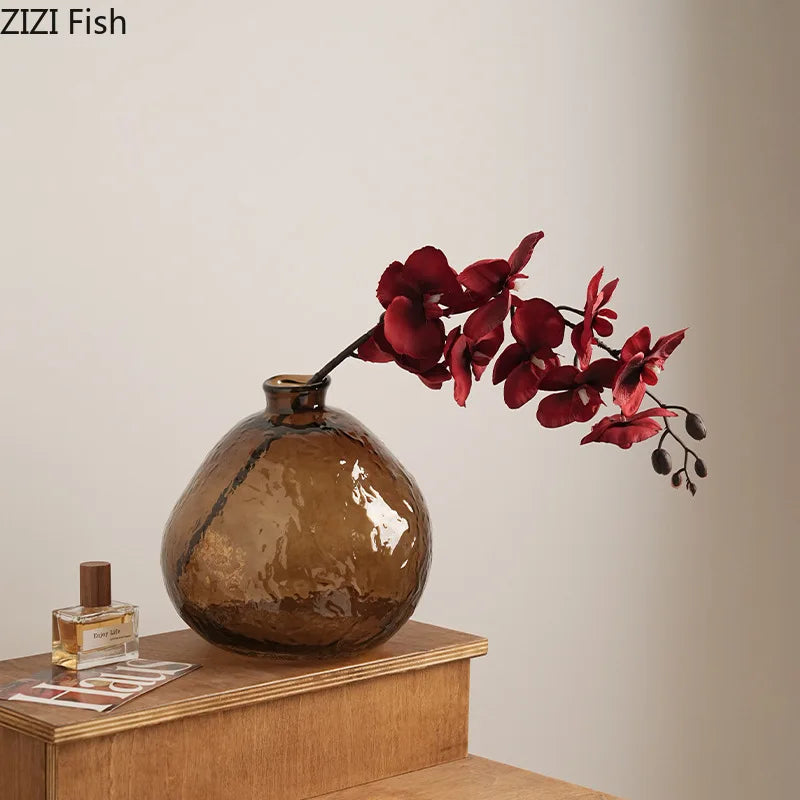 DecorBites™ Brown Glass Vase Hydroponics Plant Pot for Table Decoration and Floral Arrangements