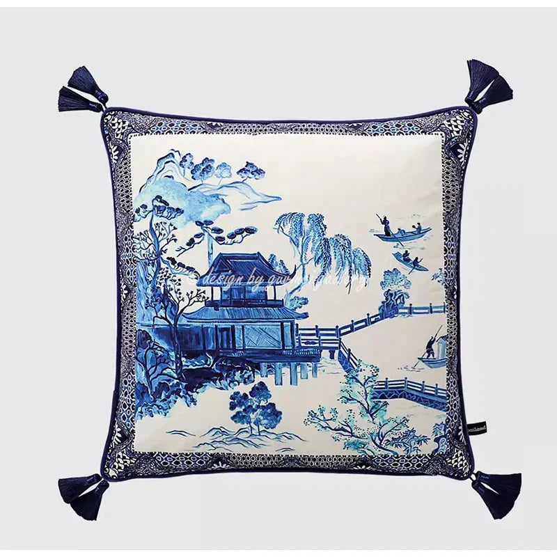 DecorBites™ Indigo Blue Dragon Velvet Pillow Cover 60x60cm Eclectic Style Home Decor