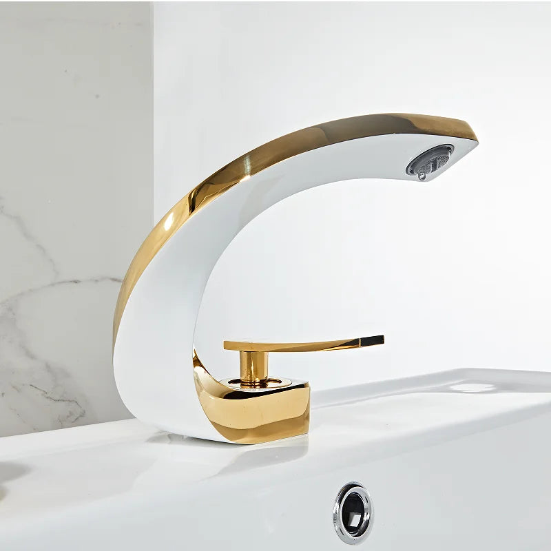 DecorBites™ Gold & White Bathroom Basin Faucet Deck Mounted Sink Tap, Brass with Rose Gold Accent