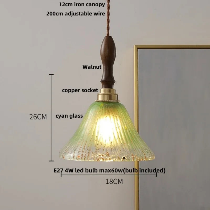 DecorBites™ LED Pendant Light: Japan Style White Glass, Copper Socket, Walnut Wood Lamp