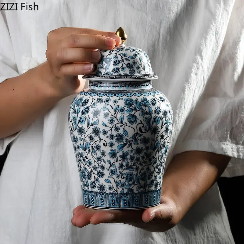 DecorBites™ Blue White Ceramic Enamel General Jar Tea Canister Desk Flower Texture Pot