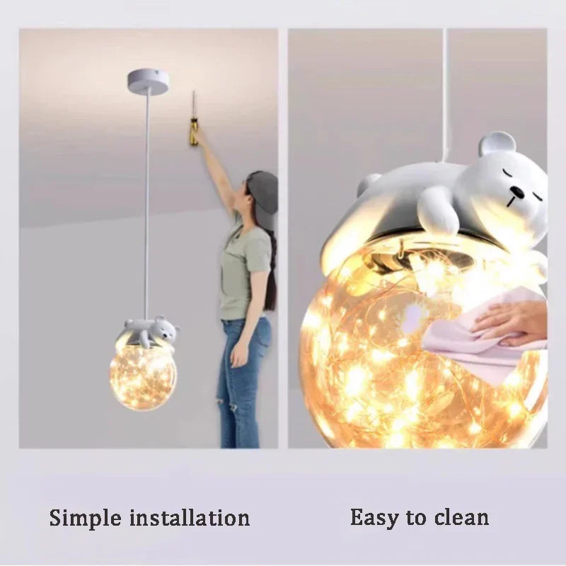 DecorBites™ Glass Children Room Chandelier: White Bear Bunny Lamp for Modern Baby Boy Girl Bedroom