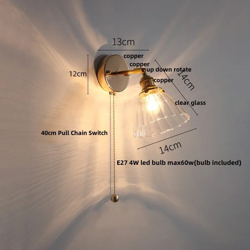 DecorBites™ Glass Base LED Wall Sconce, Pull Chain Switch, Modern Rotate Stair Light