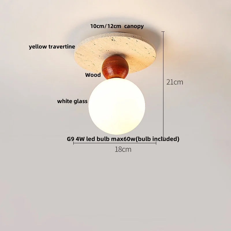 DecorBites™ Acrylic LED Ceiling Lamp Yellow Travertine Wood Canopy Wabi Sabi Style