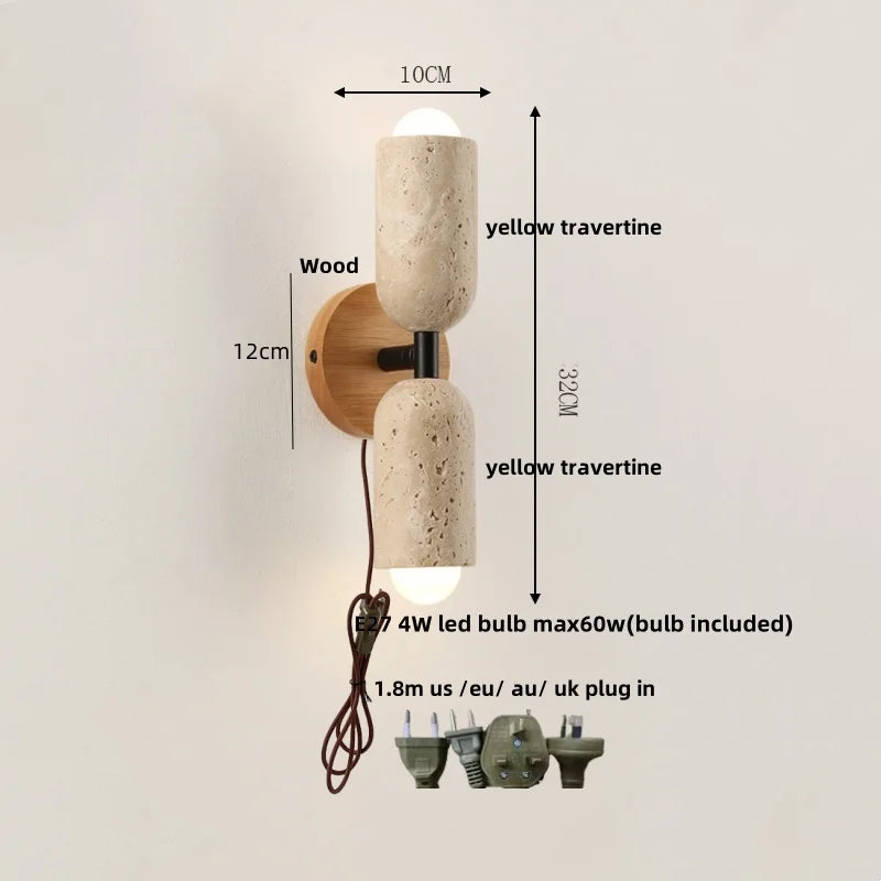 DecorBites™ LED Wall Light Fixture Travertine Stone Wood Canopy Bedside Lamp