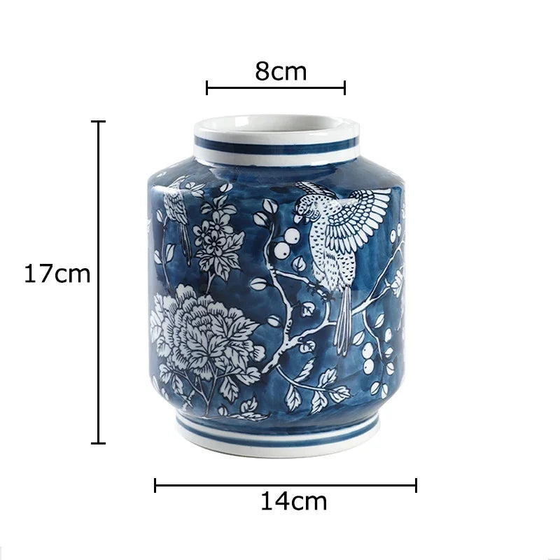 DecorBites™ Blue Porcelain Vase: Flowers and Birds Pattern Table Decor Floral Vases Room Aesthetic