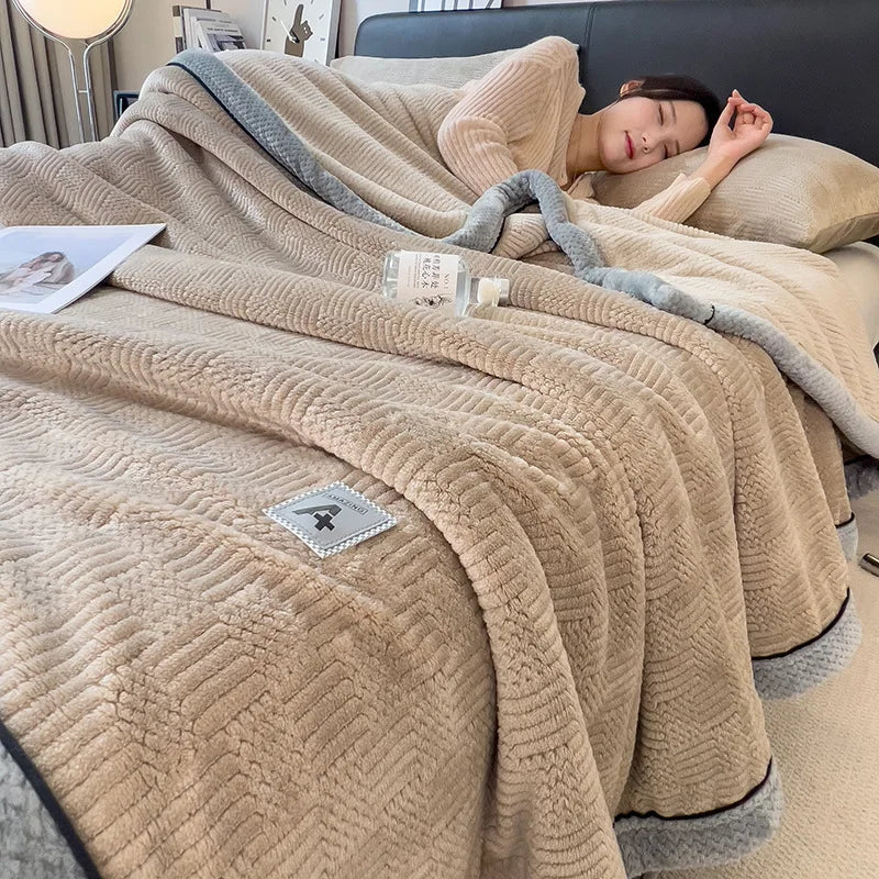 DecorBites™ Cozy Jacquard Plush Blanket - Soft Coral Fleece - All-Season - European Solid Stripes