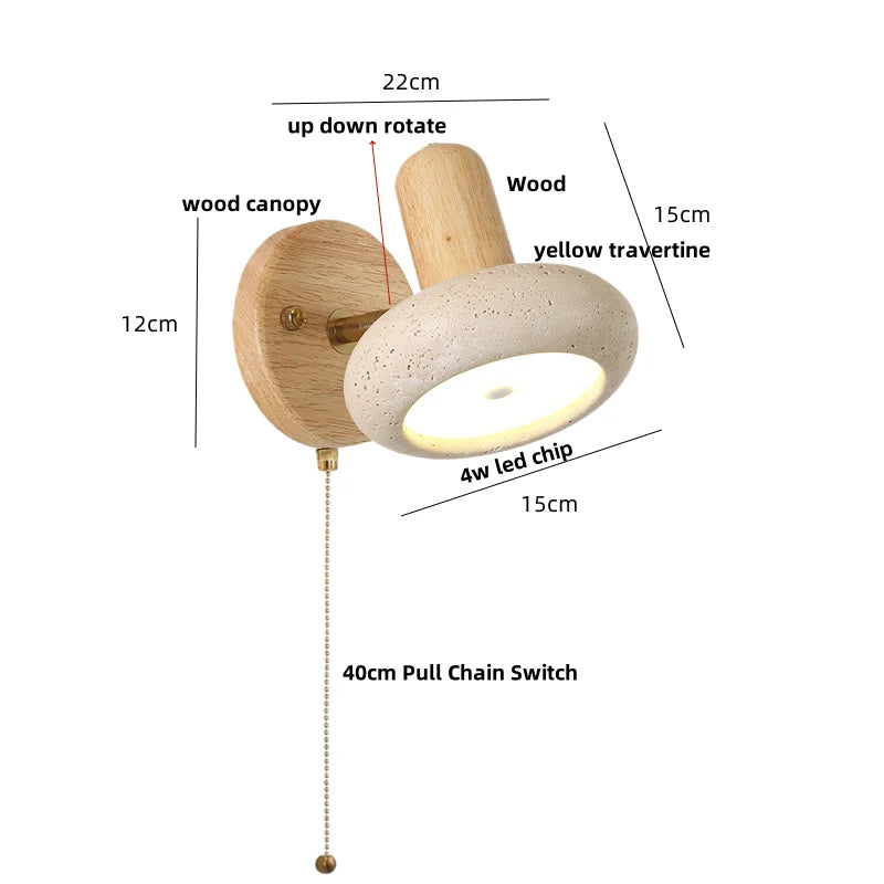 DecorBites™ LED Wall Sconce Pull Chain Switch Modern Wood Yellow Travertine Stair Light