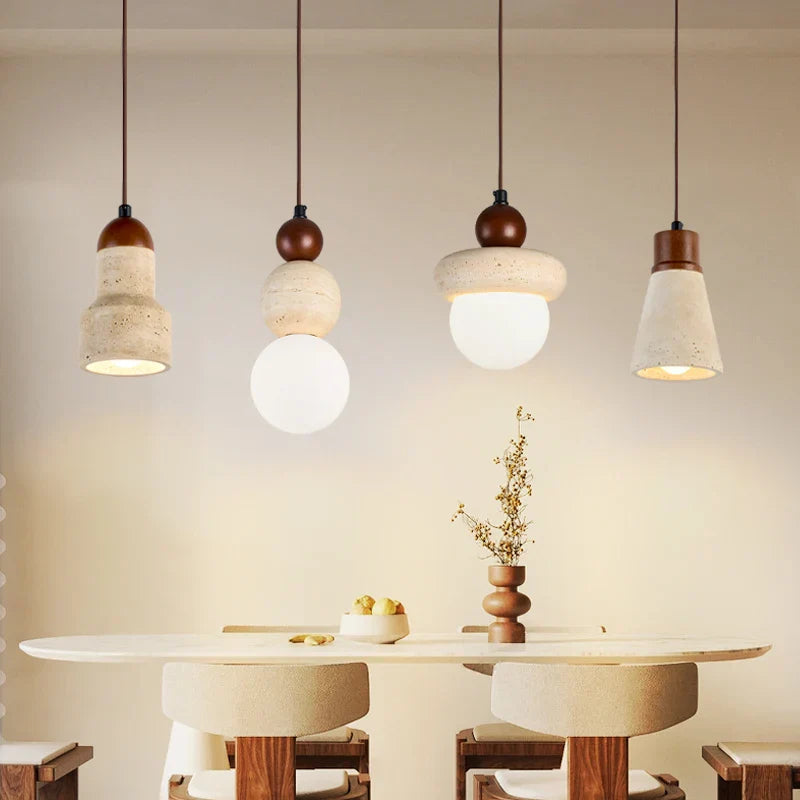 DecorBites™ LED Pendant Lamp with Wood Canopy & White Glass Chandelier - Yellow Travertine Kitchen Bedroom Lighting